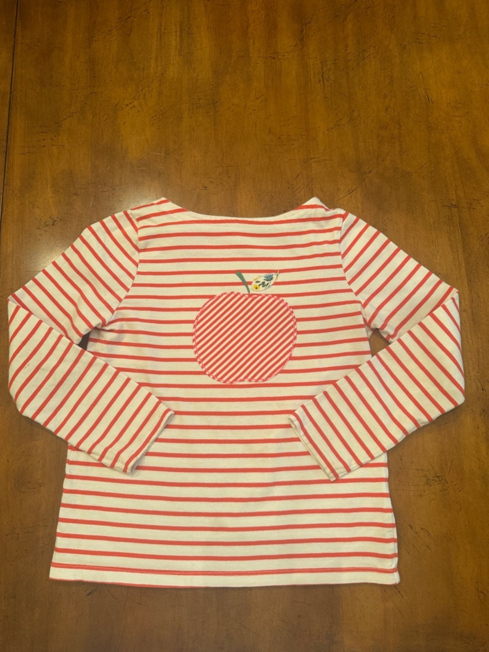 Mini Boden White and Red Striped Long-Sleeve Top with Apple Applique